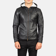 
Nærbillede of Hooded & Zipper Hardware on Baston Black Hooded Leather Bomber Jacket
