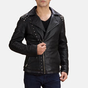Men's Black Studded Leather Biker Jacket in Black Sheepskin Leather - Front Profile View & Tailored Silhouette | Buy Online