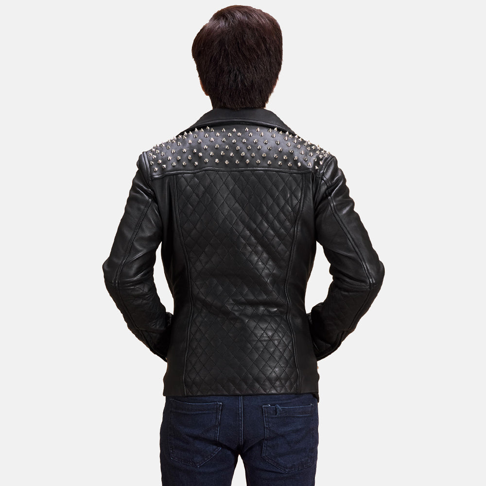 Close-Up Detail of Notch & Zipper Hardware on Men's Black Studded Leather Biker Jacket