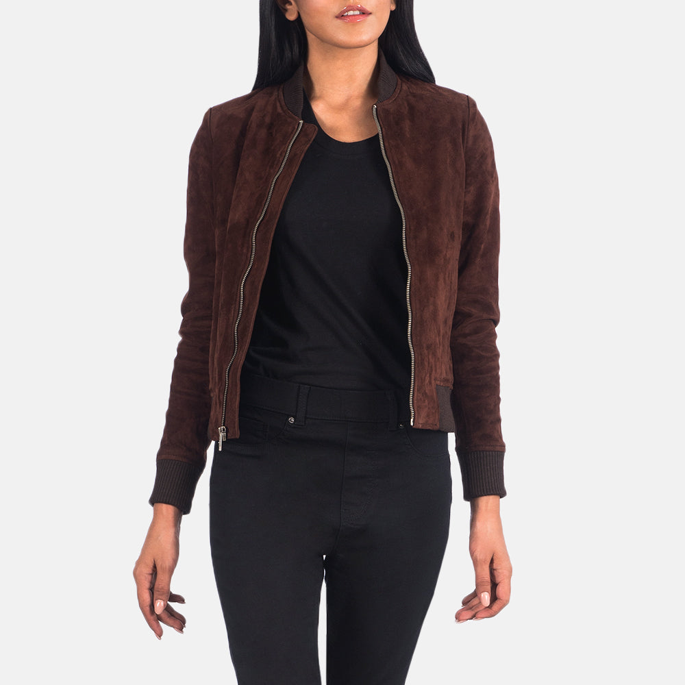 
Bliss Brun Suede Bomberjakke i Læder til Damer in Brown Goatskin Suede - Forfra med skræddersyet silhuet | Køb online