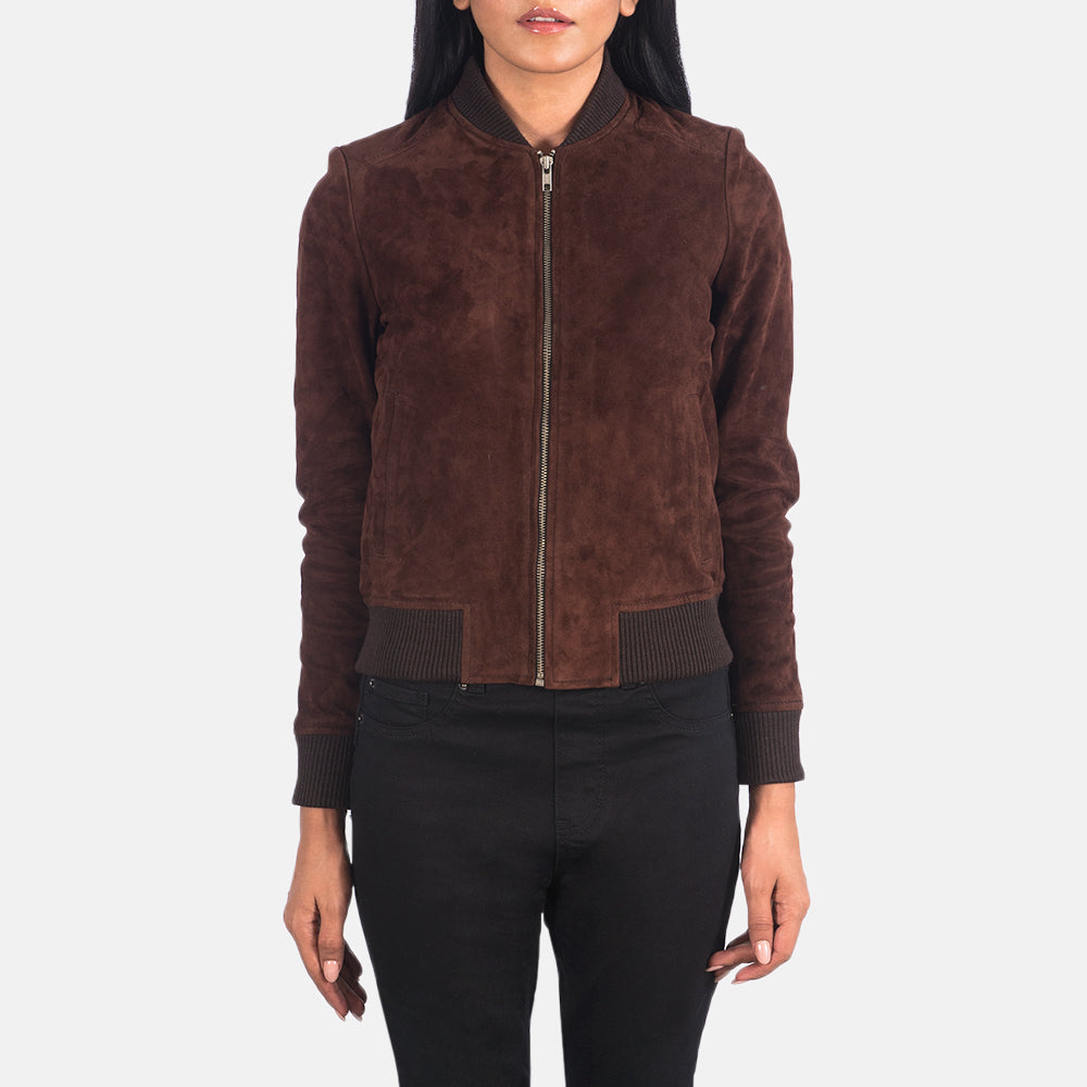 
Nærbillede of Varsity - Rib Knit & Zipper with Wind Flap Hardware on Bliss Brun Suede Bomberjakke i Læder til Damer
