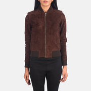 
Nærbillede of Varsity - Rib Knit & Zipper with Wind Flap Hardware on Bliss Brun Suede Bomberjakke i Læder til Damer