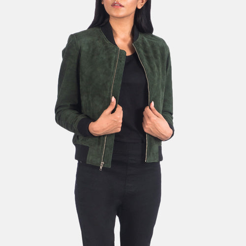 Women's Bliss Green Suede Bomber Jacket in Green Goatskin Suede - Front Profile View & Tailored Silhouette | Buy Online