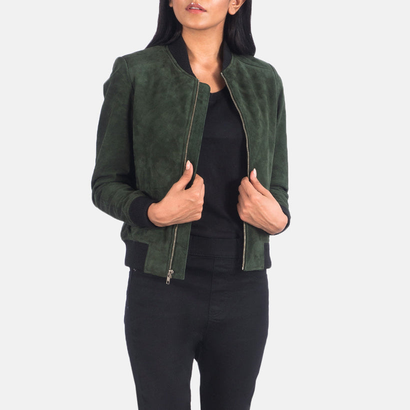 Bliss Green Suede Læder Bomberjakke til Kvinder