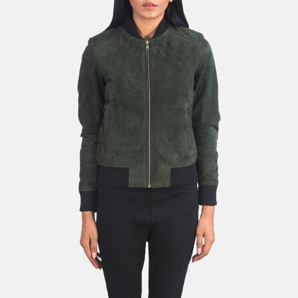 Close-Up Detail of Varsity - Rib Knit &amp; Zipper with Wind Flap Hardware on Women's Bliss Green Suede Læder Bomberjakke til Kvinder