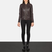 Women's Bliss Maroon Læder Bomberjakke til Kvinder - Lateral Side Profile View Showing Sleeve Cut &amp; Athletic Taper Fit