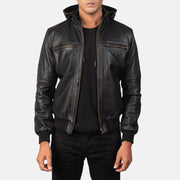 
Bouncer Biz Black Leather Hooded Bomber Jacket in Black Cowhide Leather - Forfra med skræddersyet silhuet | Køb online