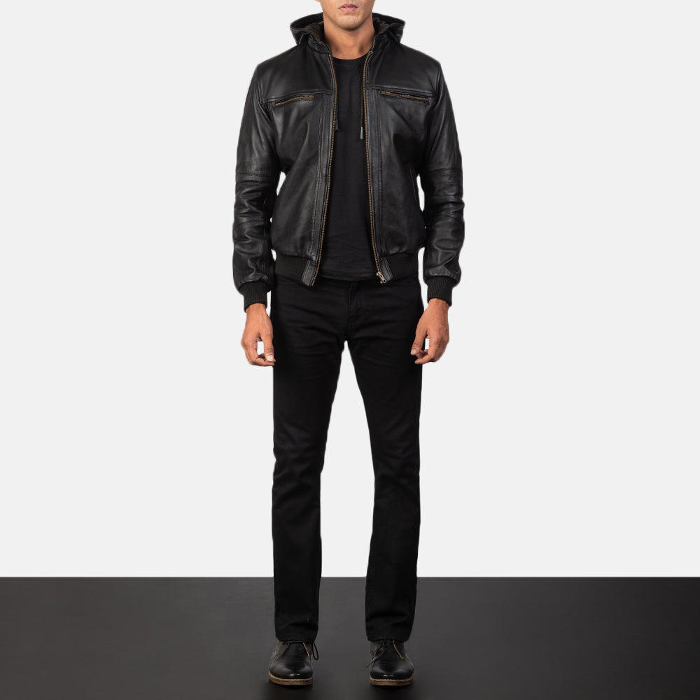 
Nærbillede of Band & Zipper Hardware on Bouncer Biz Black Leather Hooded Bomber Jacket