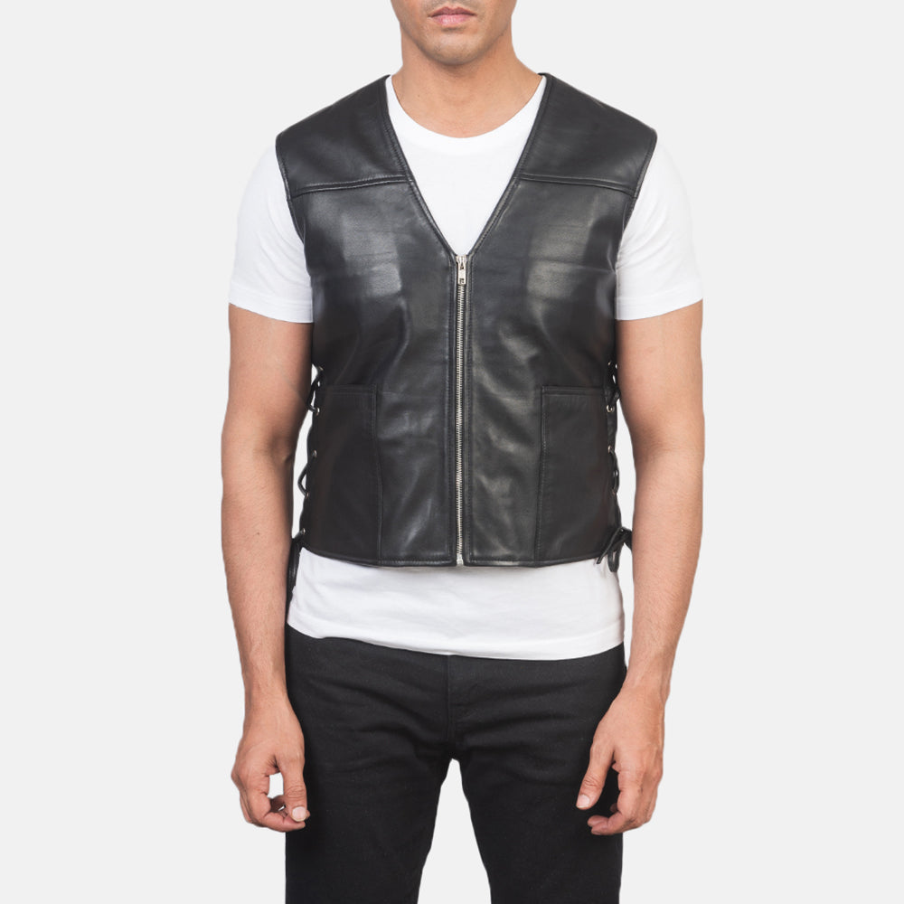 
Nærbillede of Classic Collar & Zipper Hardware on Brandon Sort Lædervest til Mænd