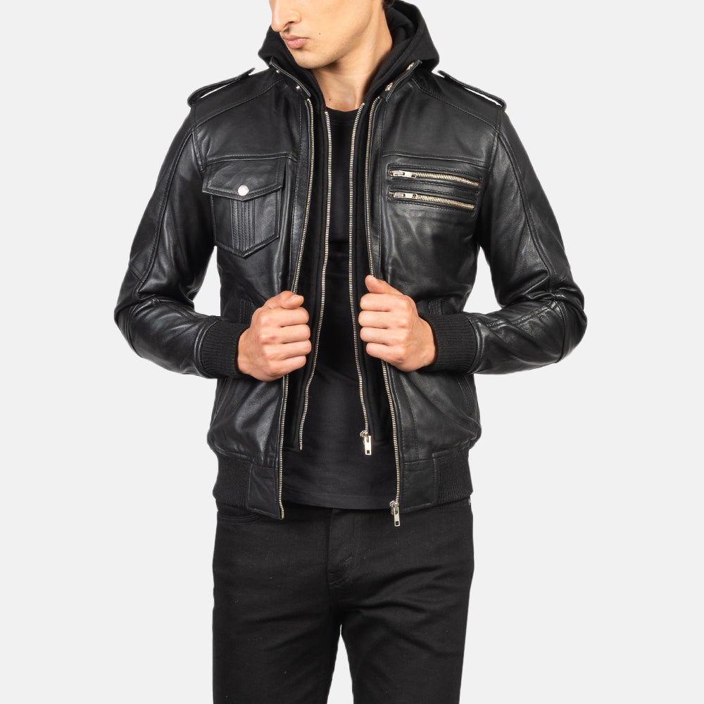 Men's Bravado Black Hooded Leather Bomber Jacket in Black Sheepskin Leather - Front Profile View &amp; Tailored Silhouette | Buy Online