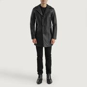 Brawnton Sort Leather Coat til Mænd - Lateral Side Profile View Showing Sleeve Cut &amp; Athletic Taper Fit