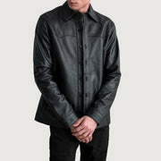 Bronco Sort Leather Shirt til Mænd in Black Sheepskin Leather - Front Profile View &amp; Tailored Silhouette | Buy Online