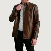 Bronco Distressed Brun Leather Shirt til Mænd in Distressed Brown Sheepskin Leather - Front Profile View &amp; Tailored Silhouette | Buy Online