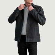 Bronco Tumbled Sort Leather Shirt til Mænd in Tumbled Black Sheepskin Leather - Front Profile View &amp; Tailored Silhouette | Buy Online