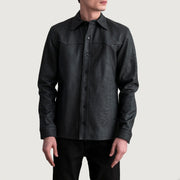 Bronco Tumbled Sort Leather Shirt til Mænd - Lateral Side Profile View Showing Sleeve Cut &amp; Athletic Taper Fit