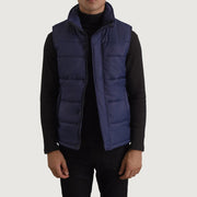 Bryan Blue Puffer Vest til Mænd in Blue Full-Grain Leather - Front Profile View &amp; Tailored Silhouette | Buy Online