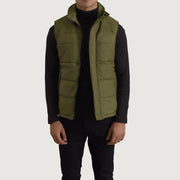 Bryan Green Puffer Vest til Mænd in Green Full-Grain Leather - Front Profile View &amp; Tailored Silhouette | Buy Online