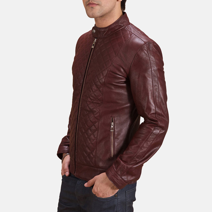 Burgunn Dee Maroon Læder Bikerjakke til Mænd