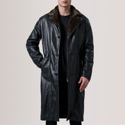 Cai Sort Leather Shearling Coat til Mænd For Men in Black Sheepskin Leather - Front Profile View &amp; Tailored Silhouette | Buy Online