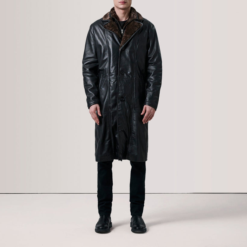 Cai Sort Leather Shearling Coat til Mænd
