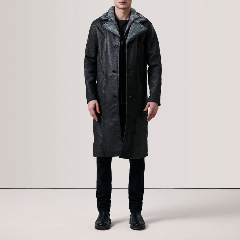 Cai Distressed Sort Leather Shearling Coat til Mænd