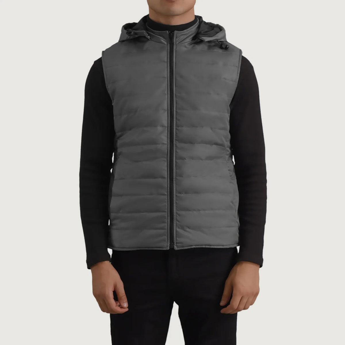 Close-Up Detail of Classic Collar & Zipper Hardware on Carlo Grey Hooded Puffer Vest