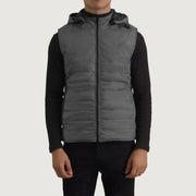 Close-Up Detail of Classic Collar & Zipper Hardware on Carlo Grey Hooded Puffer Vest