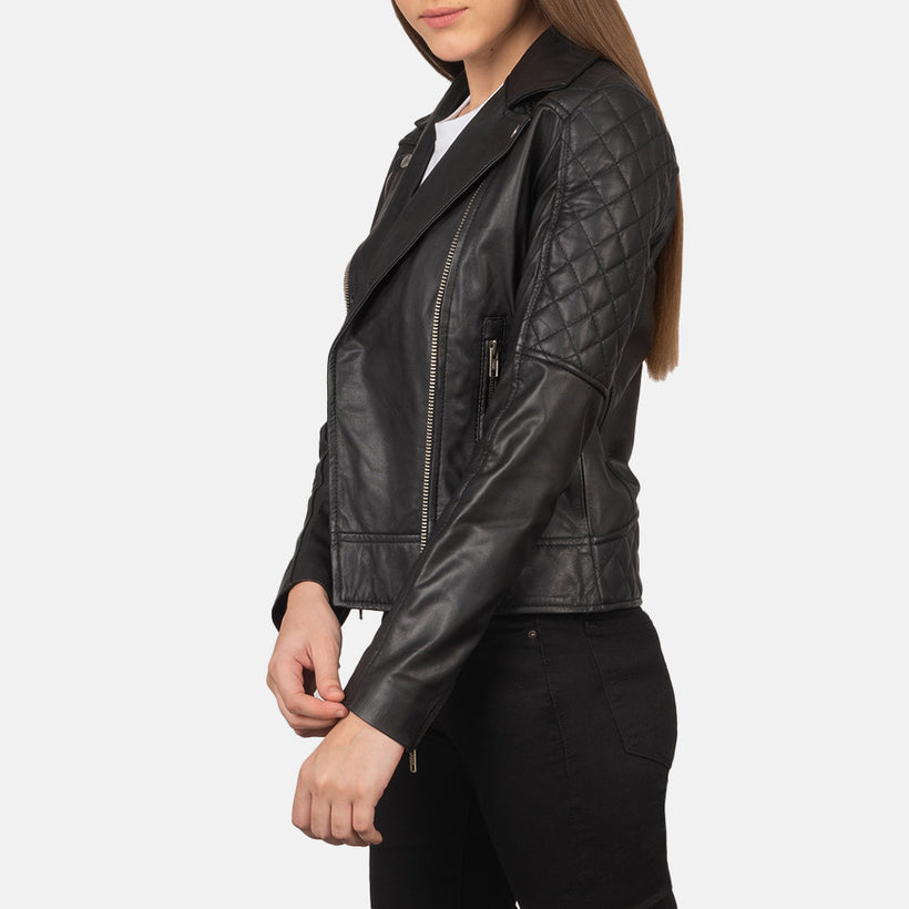 Carolyn Quilted Sort Læder Bikerjakke til Kvinder