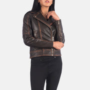 
Nærbillede of Notch & Zipper Hardware on Carolyn Quilted Vintage Brown Biker Jacket