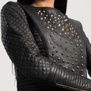 Women's Celeste Studded Sort Læderjakke til Kvinder - Lateral Side Profile View Showing Sleeve Cut &amp; Athletic Taper Fit