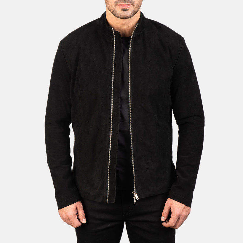 Charcoal Sort Suede Læder Bikerjakke til Mænd