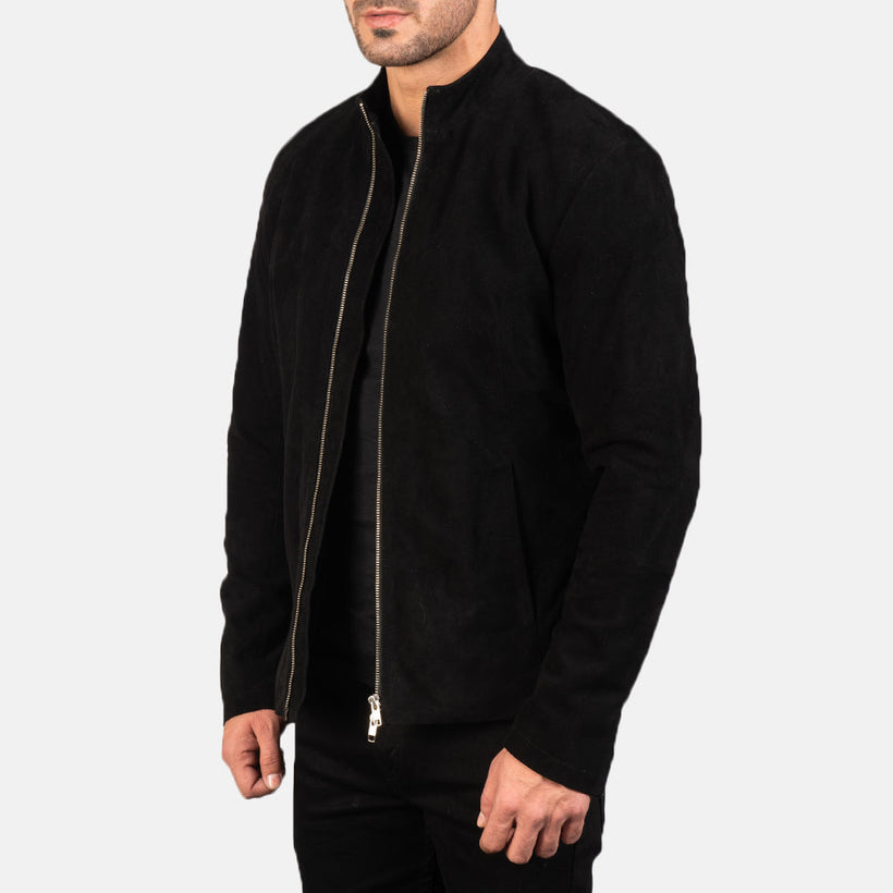 Charcoal Sort Suede Læder Bikerjakke til Mænd