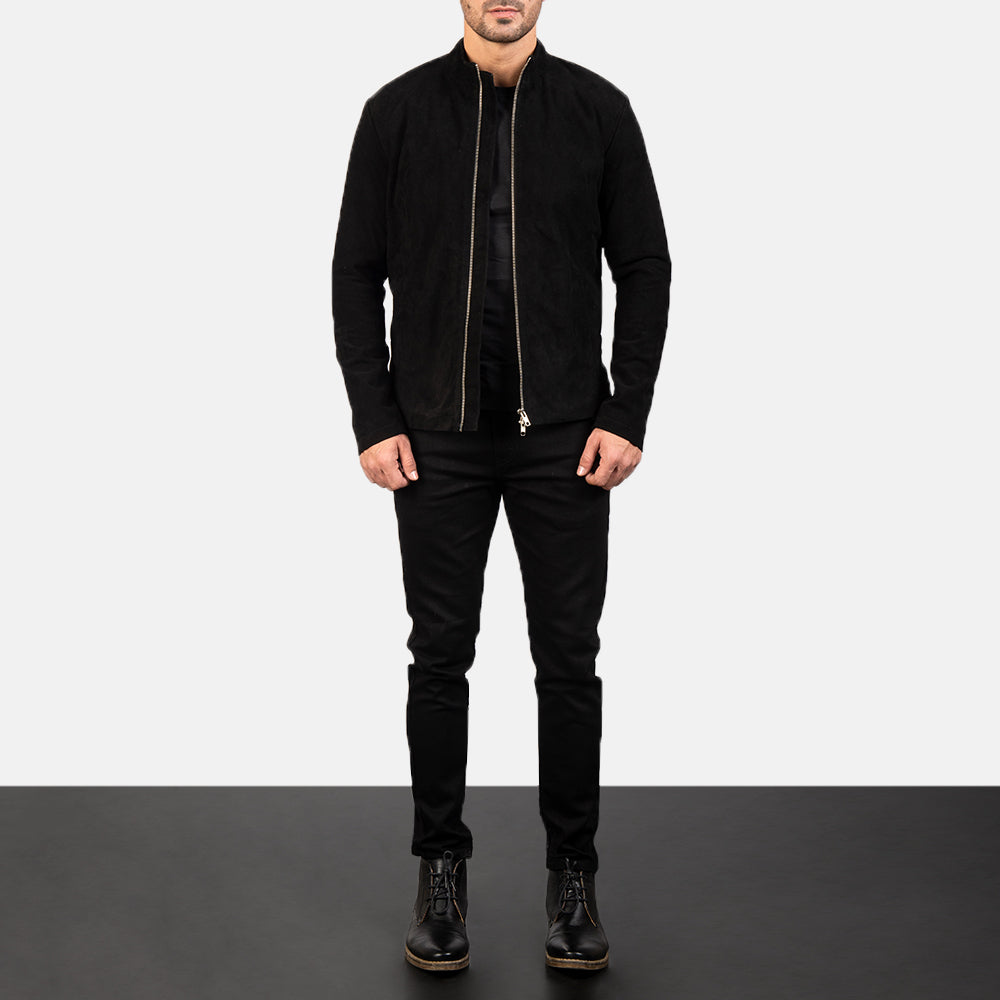 Men's Charcoal Sort Suede Læder Bikerjakke til Mænd - Lateral Side Profile View Showing Sleeve Cut &amp; Athletic Taper Fit
