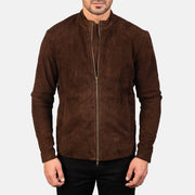 
Nærbillede of Mandarin & Zipper with Dual Puller Hardware on Charcoal Mocha Suede Bikerjakke i Læder til Mænd