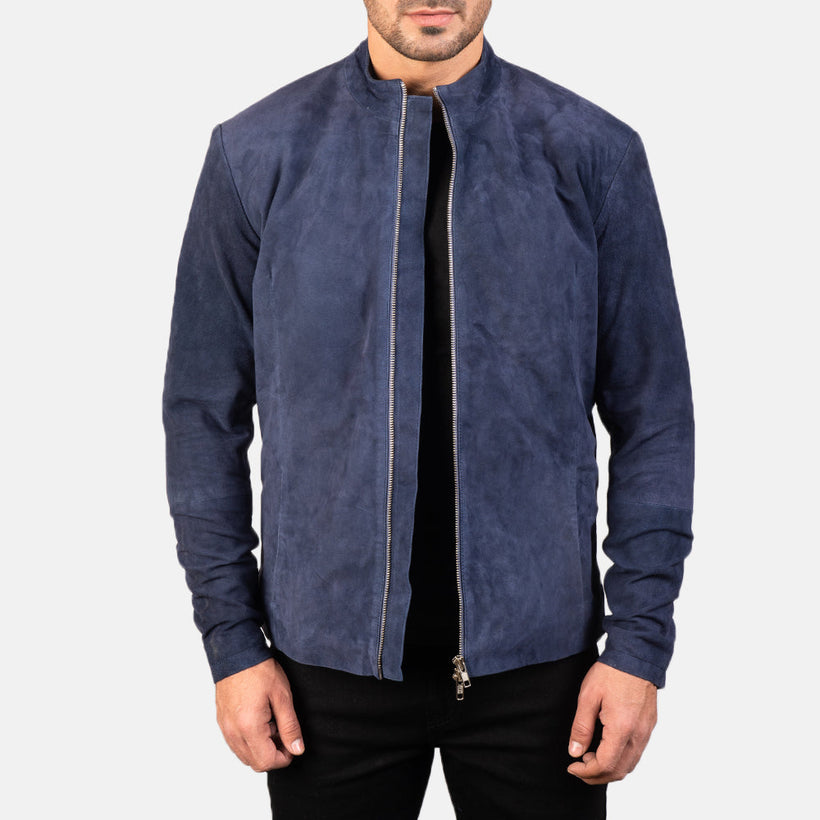 Charcoal Navy Blue Suede Læder Bikerjakke til Mænd