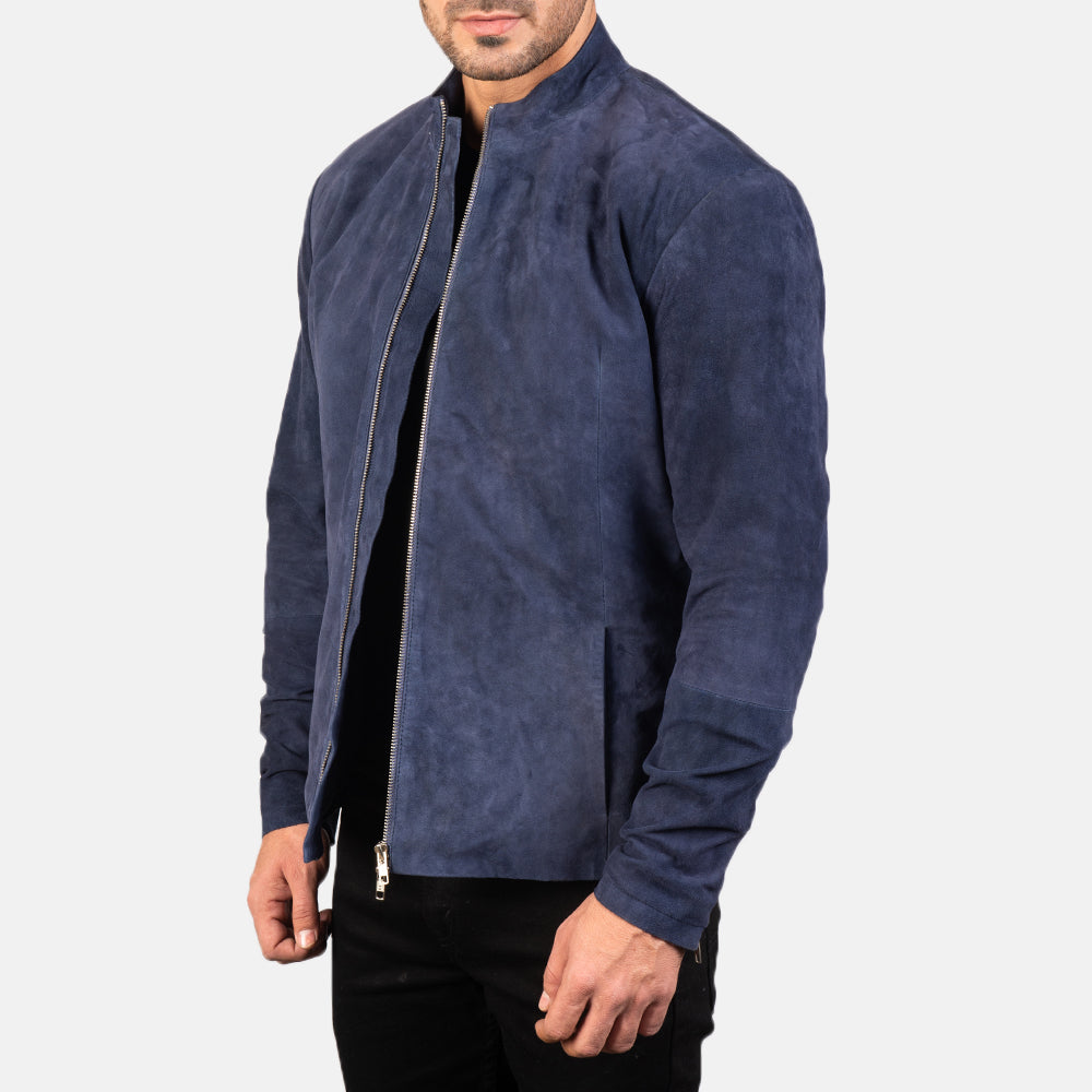 
Navy Blue Goatskin Suede Biker Jacket - Bagfra med tilpassede skuldre og ren kant