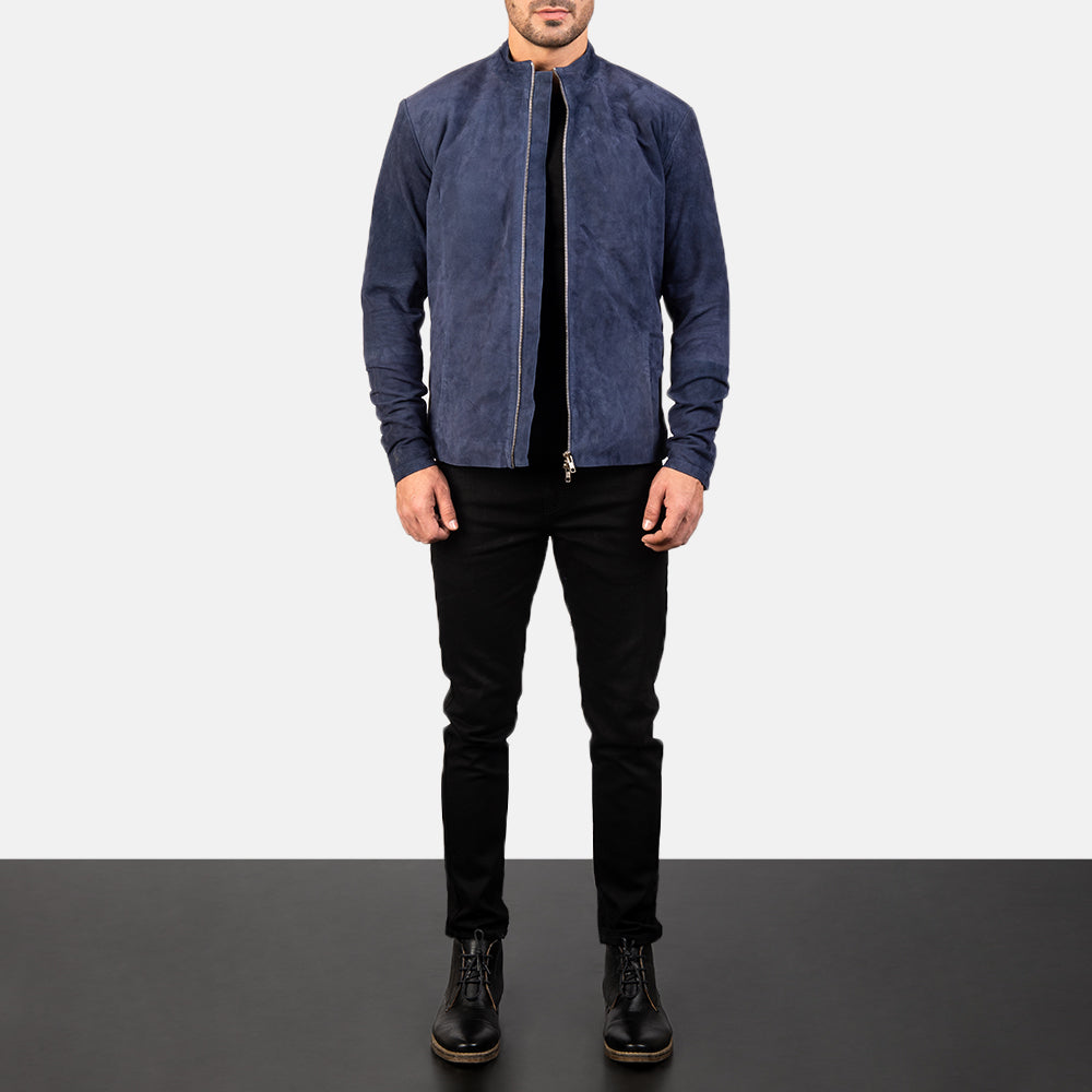 
Charcoal Navy Blå Suede Bikerjakke i Læder til Mænd - Sideprofil med ergonomisk ærmesnit