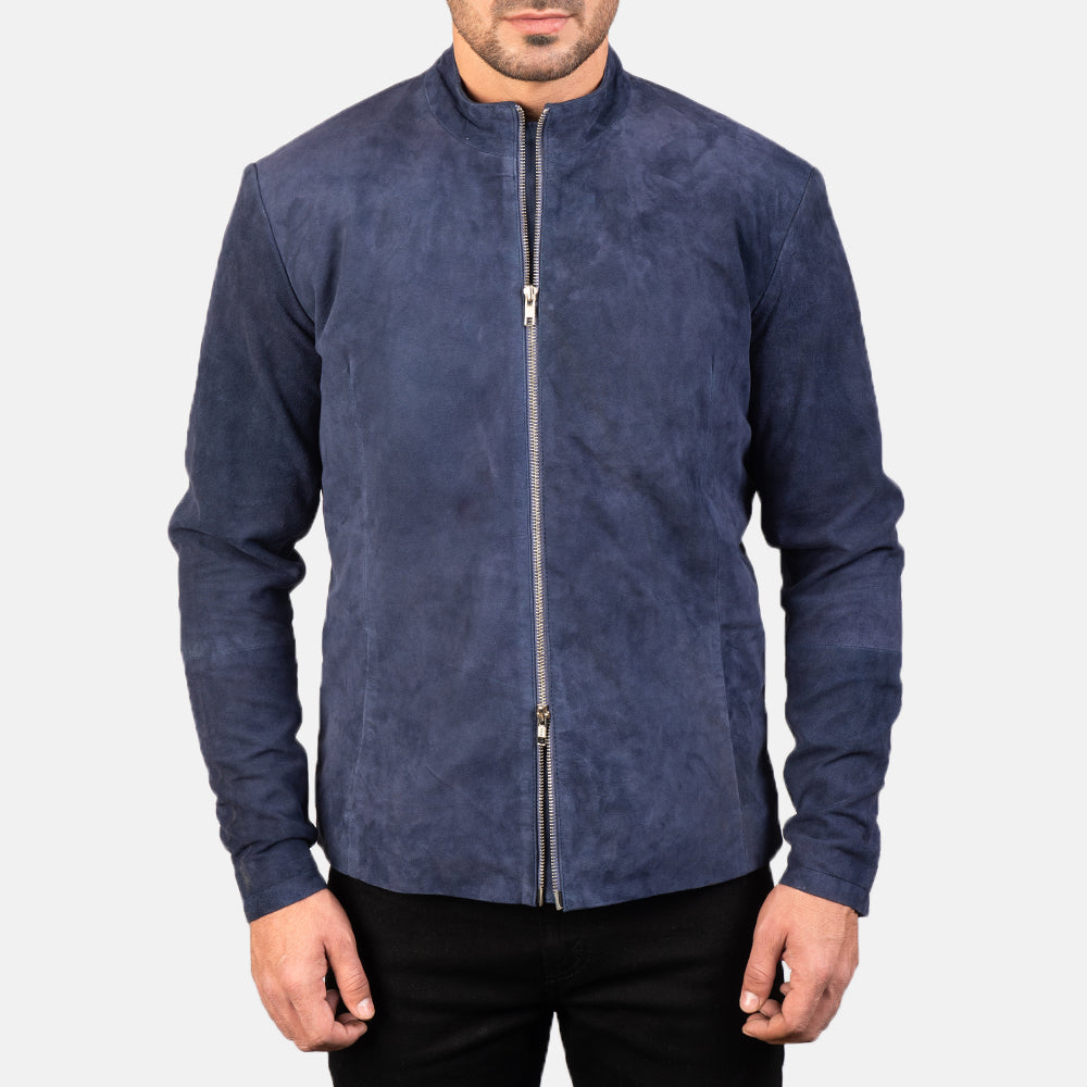 
Nærbillede of Mandarin & Zipper with Dual Puller Hardware on Charcoal Navy Blå Suede Bikerjakke i Læder til Mænd
