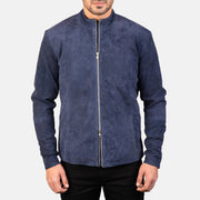 
Nærbillede of Mandarin & Zipper with Dual Puller Hardware on Charcoal Navy Blå Suede Bikerjakke i Læder til Mænd