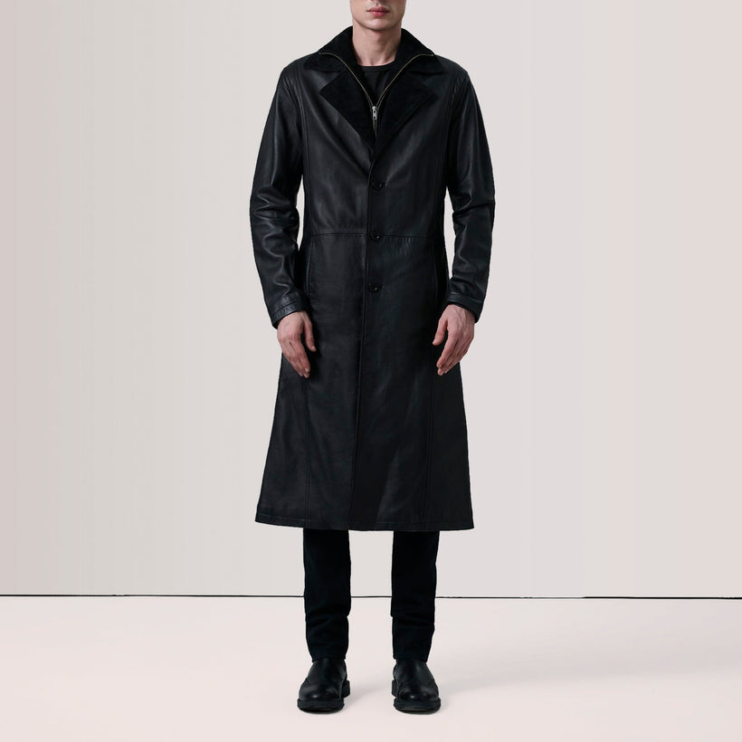 Charlton Sort Leather Single Breasted Coat til Mænd