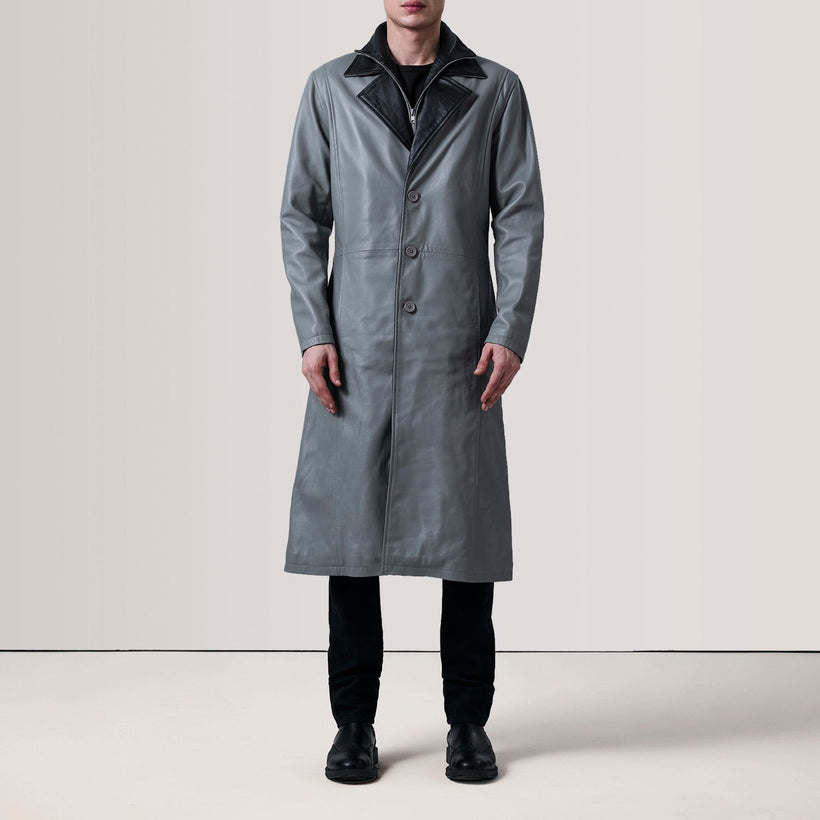 Charlton Grey Leather Single Breasted Coat til Mænd