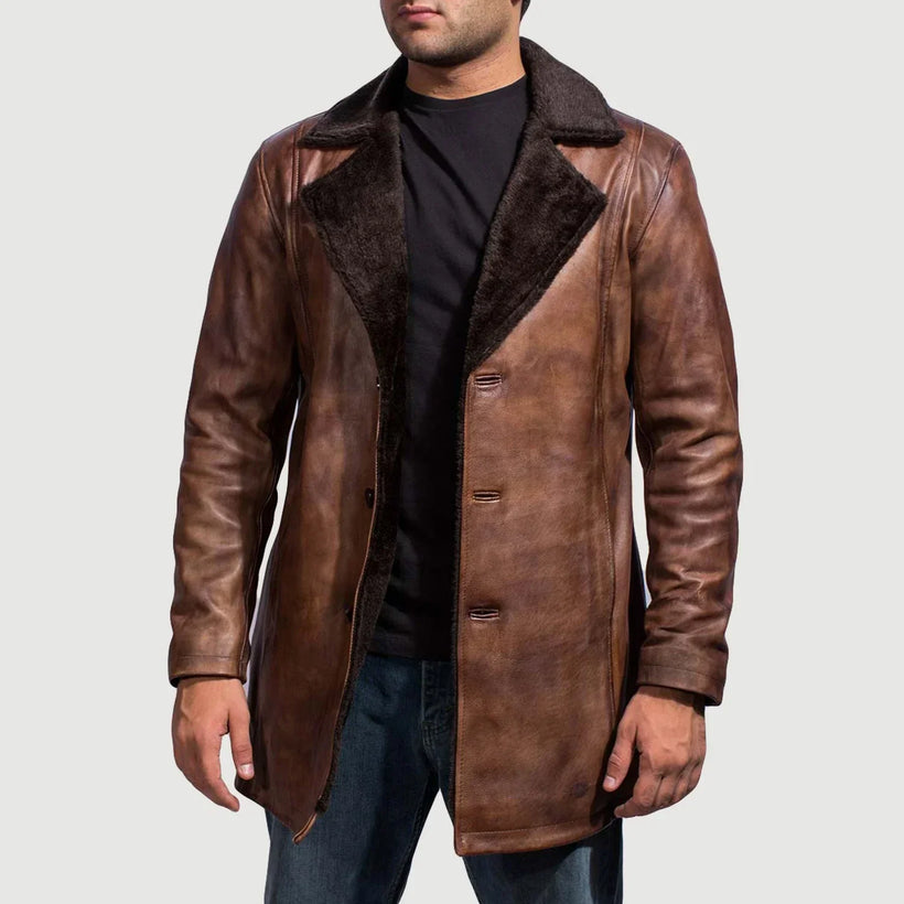 Cinnamon Distressed Leather Fur Coat til Mænd