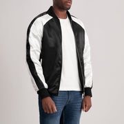 Black &amp; White Satin Varsity Jacket - Back View Showing Tailored Shoulder Fit &amp; Clean Hemline