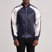 Clarke Blue Varsity Læderjakke til Mænd in Blue &amp; White Satin - Front Profile View &amp; Tailored Silhouette | Buy Online