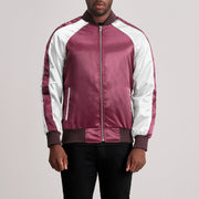 Clarke Maroon Varsity Læderjakke til Mænd in Maroon &amp; White Satin - Front Profile View &amp; Tailored Silhouette | Buy Online