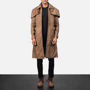 Men's Classic Brun Leather Duster til Mænd in Distressed Brown Sheepskin Snuffed - Front Profile View &amp; Tailored Silhouette | Buy Online