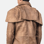 Close-Up Detail of Classic Collar &amp; Heavy-Duty Zipper Hardware on Men's Classic Brun Leather Duster til Mænd