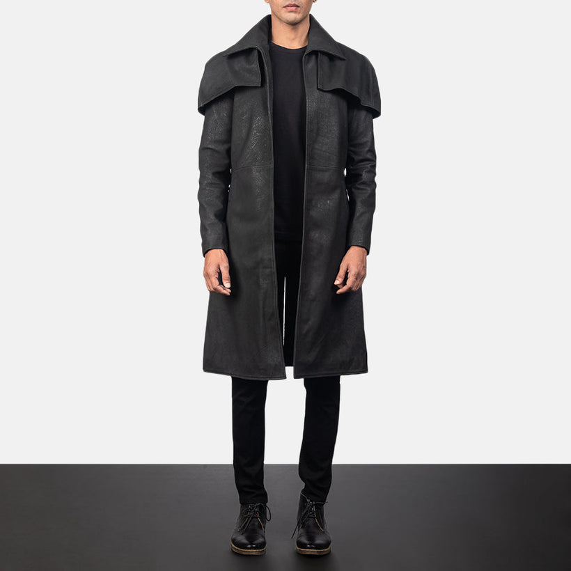 Classic Distressed Sort Leather Duster til Mænd