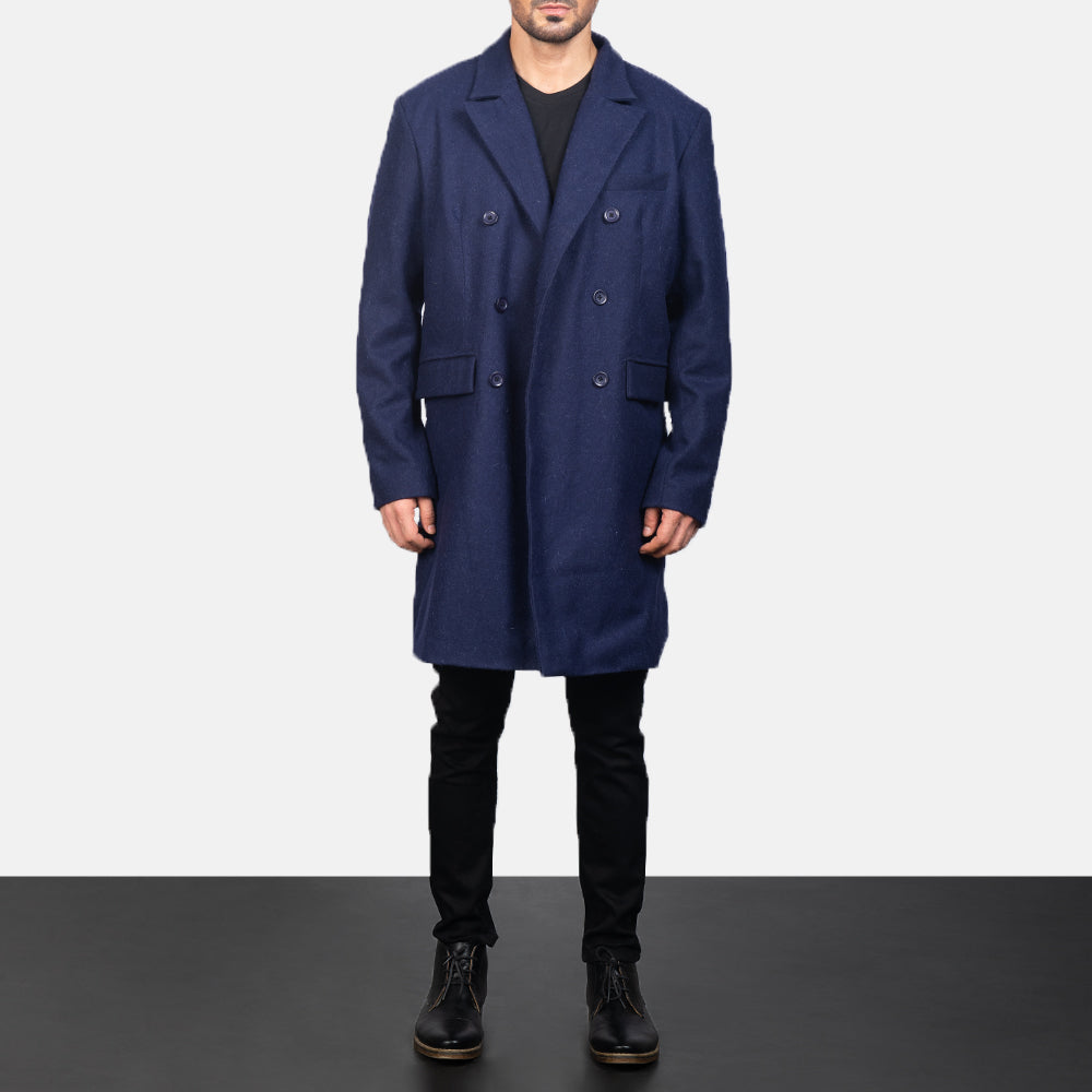 Men's Blue Wool Double Breasted Coat in Navy Blue Synthetic Wool - Front Profile View &amp; Tailored Silhouette | Buy Online
