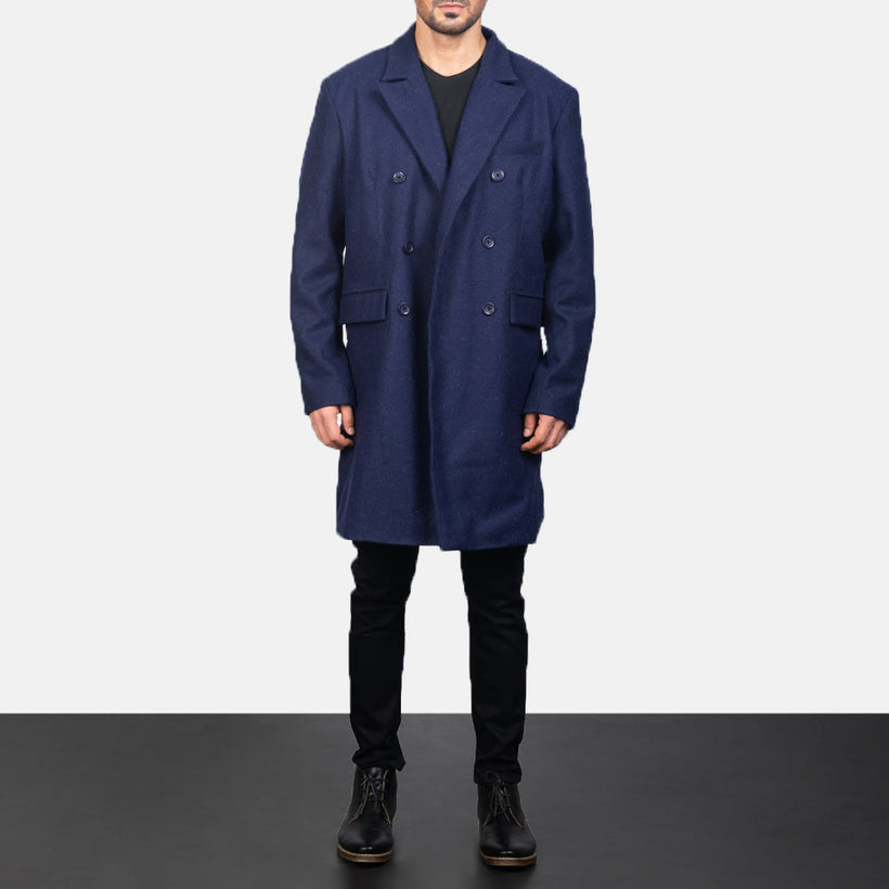 Claud Blue Wool Double-Breasted Coat til Mænd